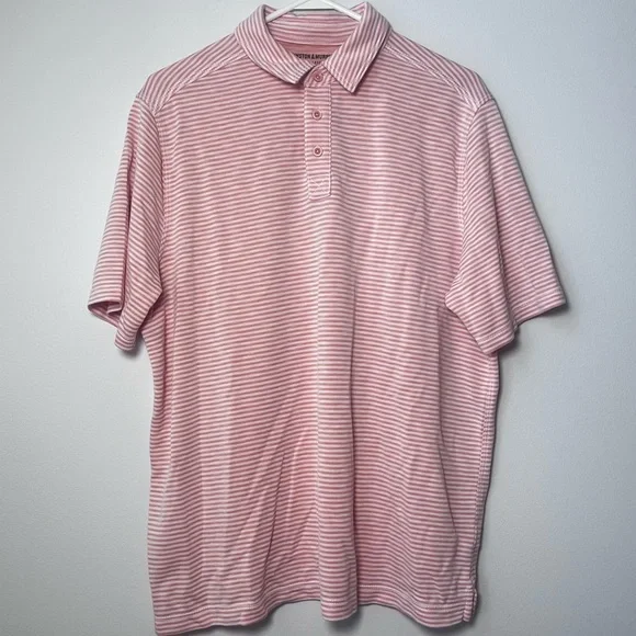 JOHNSTON & MURPHY Orange & White Striped Vintage Slub Polo Shirt Size Large - Picture 1 of 10